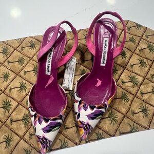 Manolo Blahnik Vibrant Pink and Purple Floral Kitten Heels